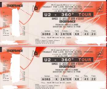 Foto: Proposta di vendita Biglietti di concerti U2 360° TOUR STADE DE FRANCE 11/07/2009 - PARIS