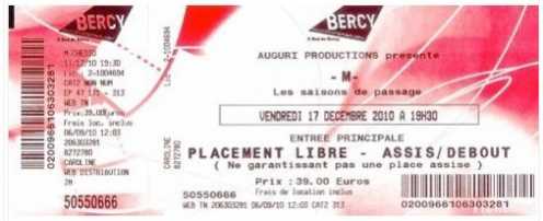 Foto: Proposta di vendita Biglietto da concerti 1 PLACE POUR LE CONCERT M (CHEDID) A BERCY LE 17/1 - ZENITH