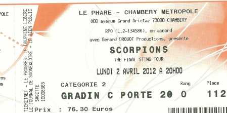 Foto: Proposta di vendita Biglietti di concerti CONCERT DE SCORPION 02.04.2012 - CHAMBERY