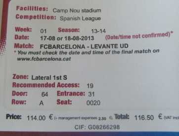 Foto: Proposta di vendita Biglietto da concerti FC BARCELONE -  LEVANTE - CAMP NOU