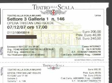 Foto: Proposta di vendita Biglietto da teatro TRISTANO E ISOTTA PRIMA ASSOLUTA - TEATRO ALLA SCALA PRIMA ASSOLUTA
