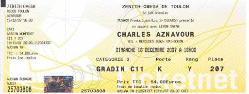 Foto: Proposta di vendita Biglietti di concerti CHARLES AZNAVOUR - ZENITH OMEGA TOULON