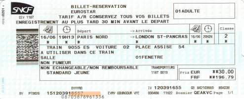 Foto: Proposta di vendita Biglietto mezza da trasporto PARIS - LONDRES